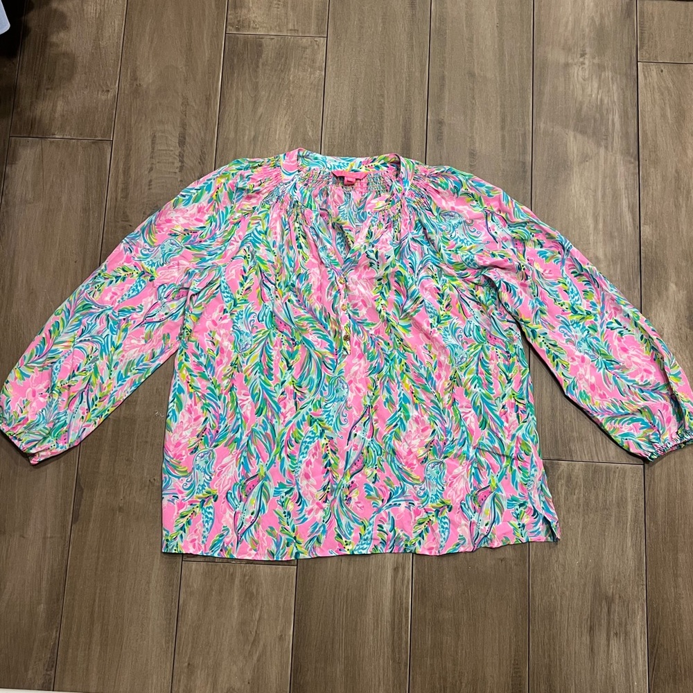 Lilly Pulitzer Elsa Silk Top- Pink, Green, and Blue Floral Pattern